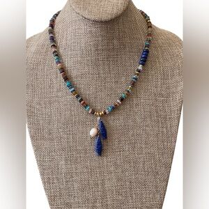 Multi Gemstone w Lapis, Hand carved fish & freshwater Pearl, Gold accents OOAK